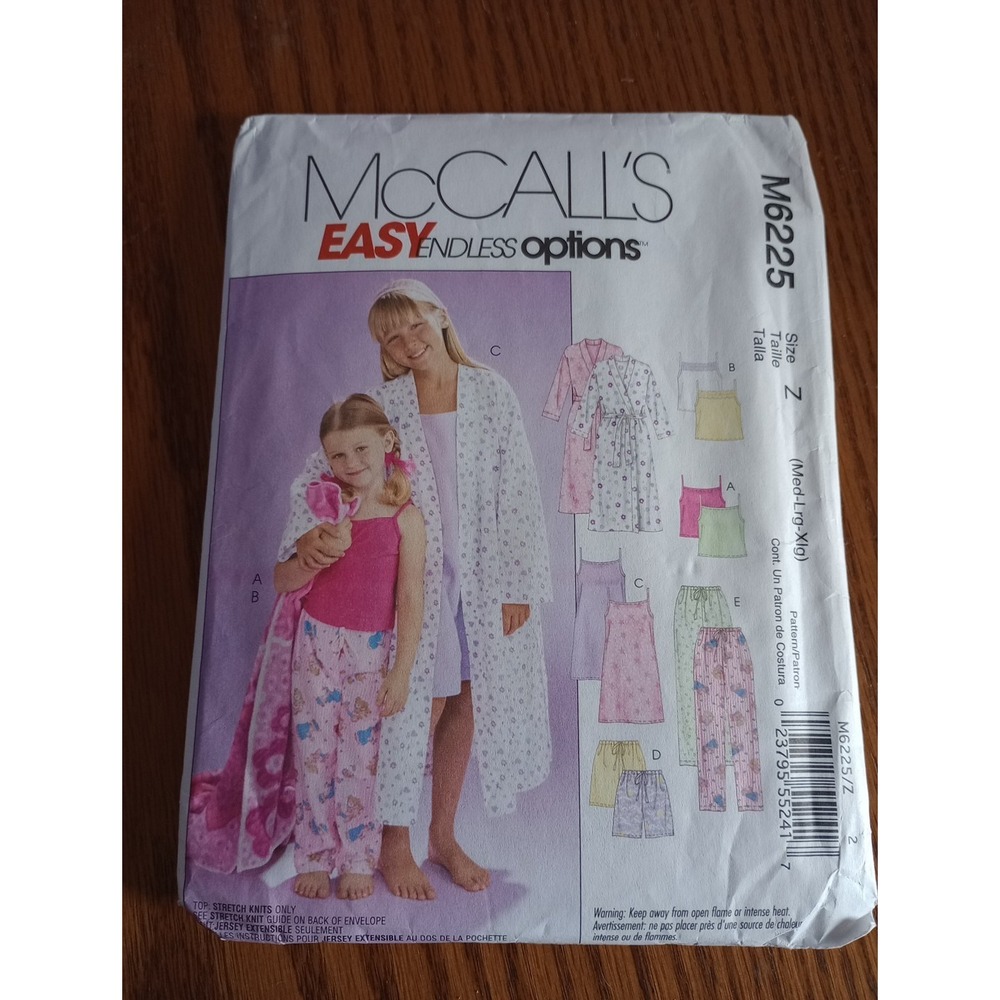 McCalls Sewing Pattern 6225 Robe‎ Pajamas Nightgown Girls Size M-XL CUT